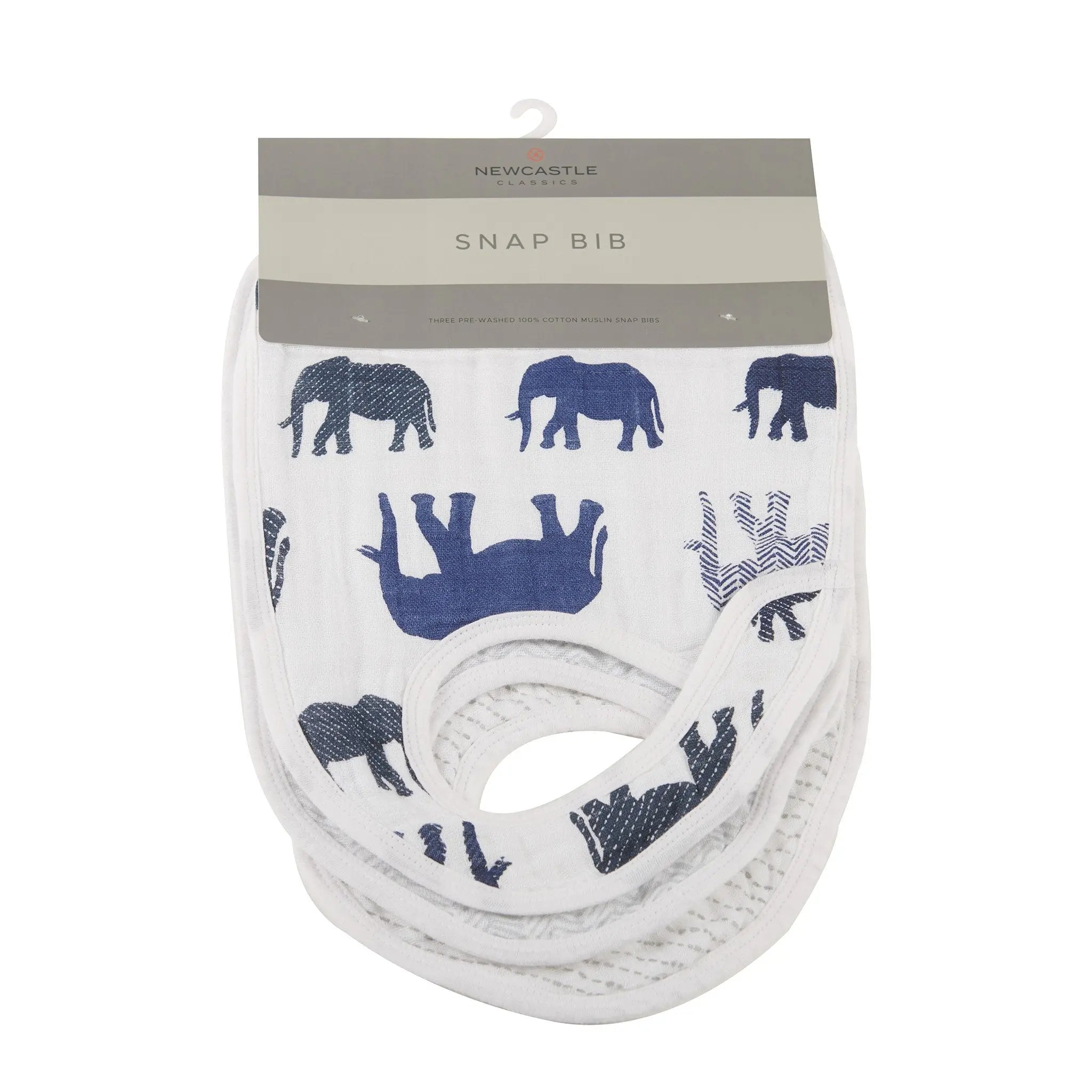 In the Wild Elephant Cotton Muslin Snap Bibs 3PK Newcastle Classics