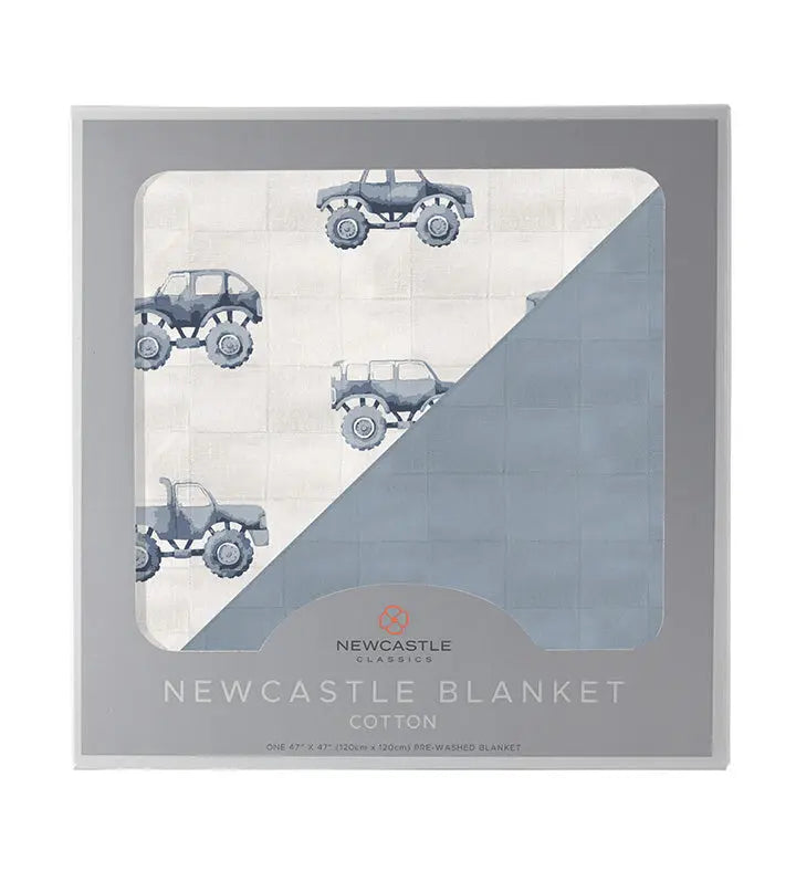 Indigo Monster Trucks and Blue Fog Cotton Newcastle Blanket Newcastle Classics