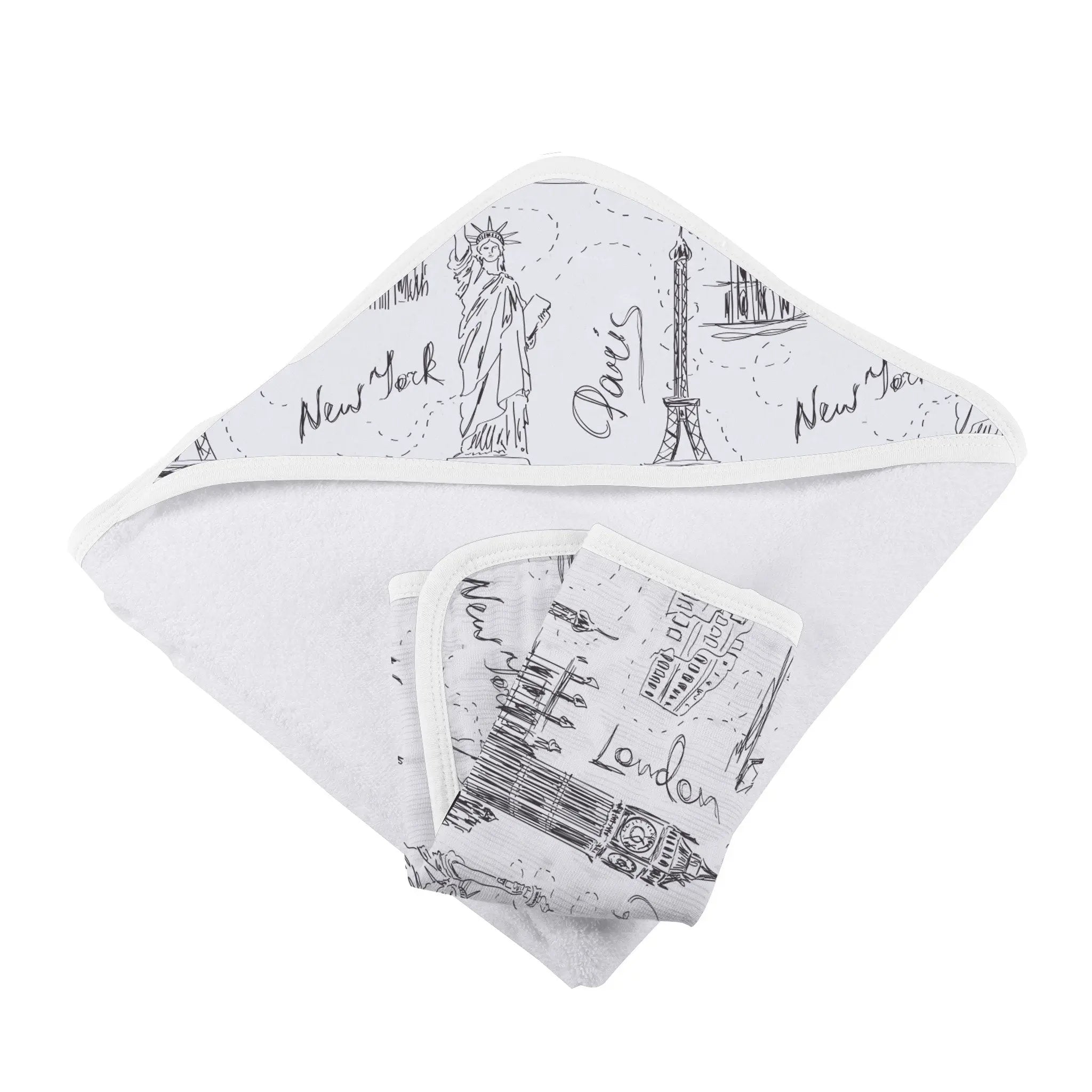 London, Paris, New York Hooded Towel and Washcloth Set
