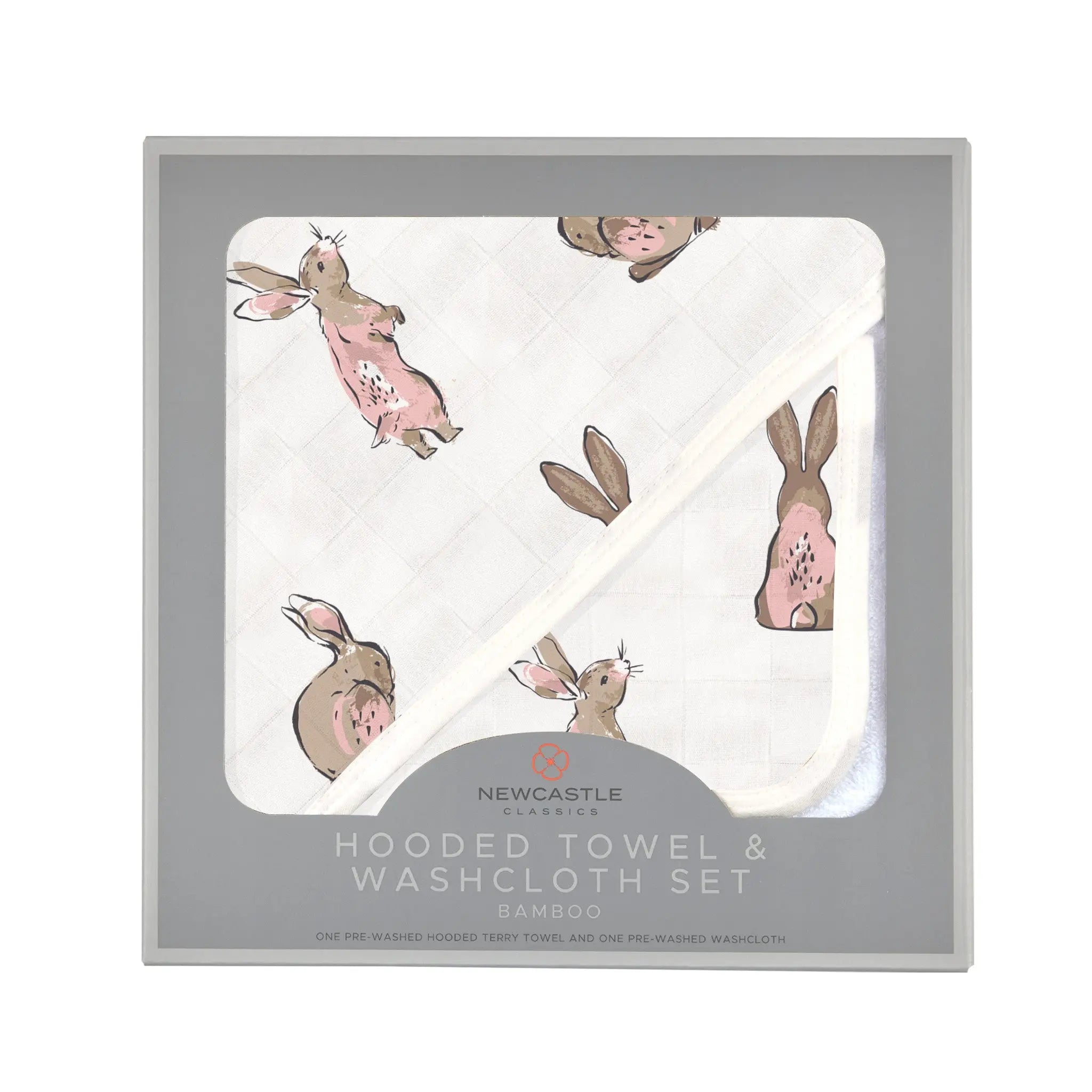 Powder Pink Bunnies Bamboo Hooded Towel and Washcloth Set Newcastle Classics