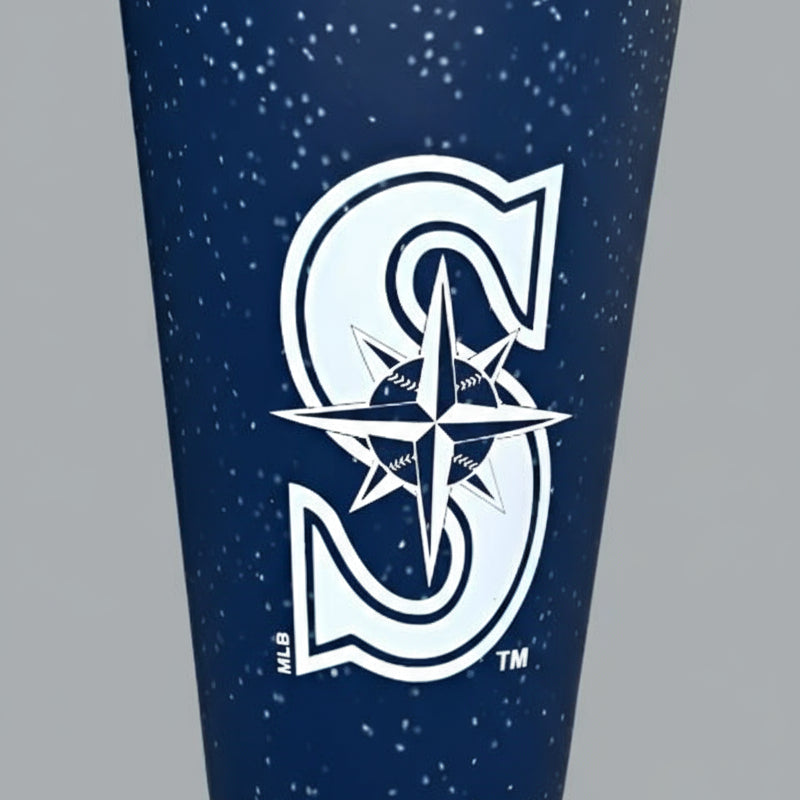 Navy blue tumbler with a white logo on a solid blue background