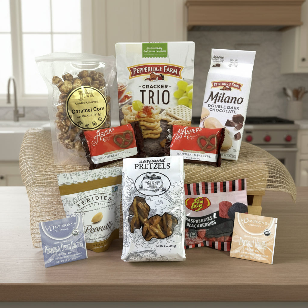 Gift basket with a pink bow and colorful packaging on a black background