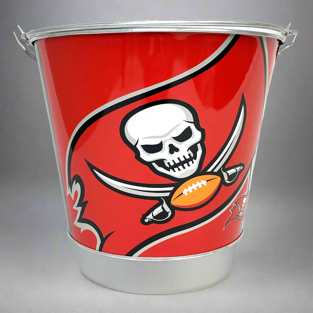 Red bucket with a skull and crossbones design featuring a football on a white background
