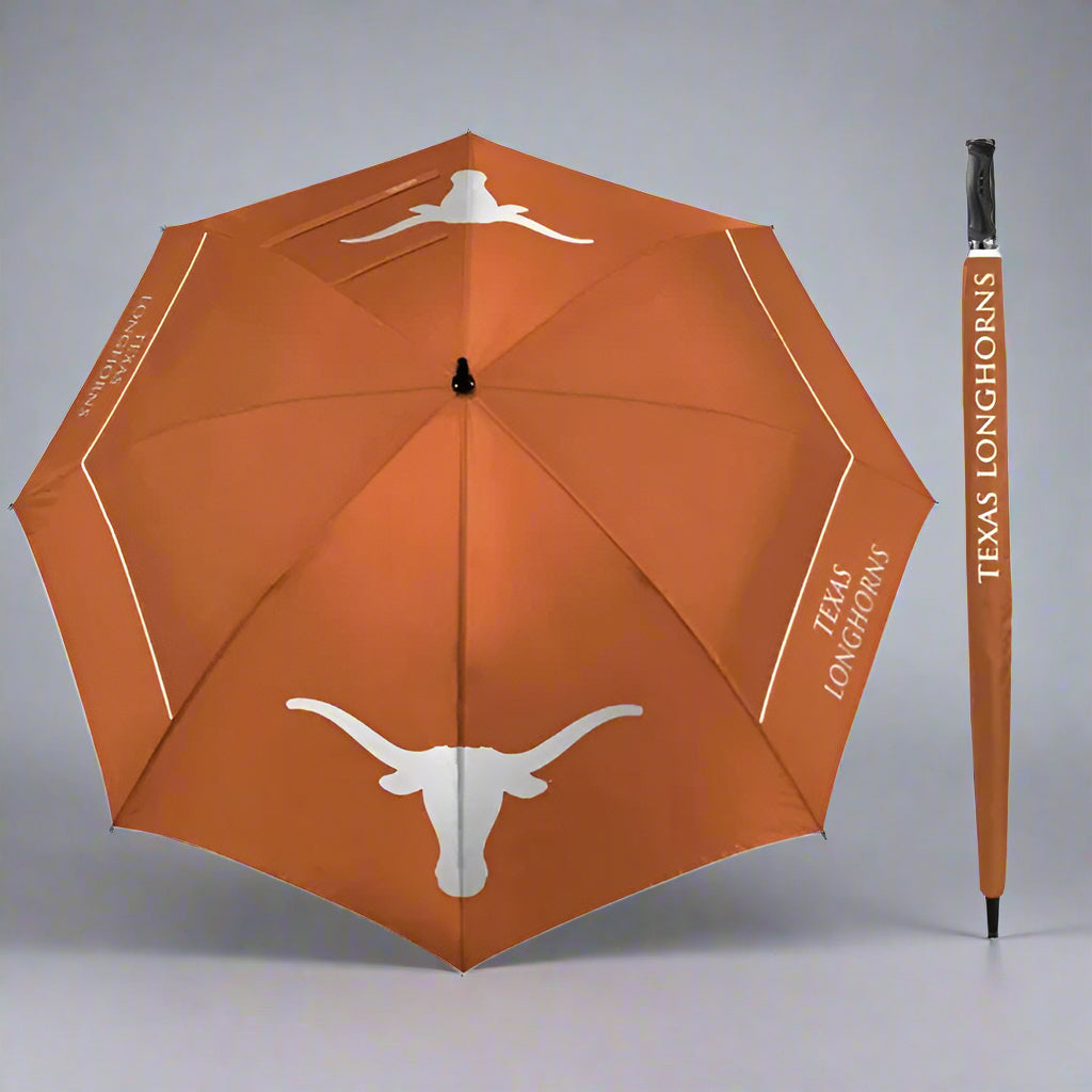 Orange umbrella with Texas Longhorns logo on a gray background