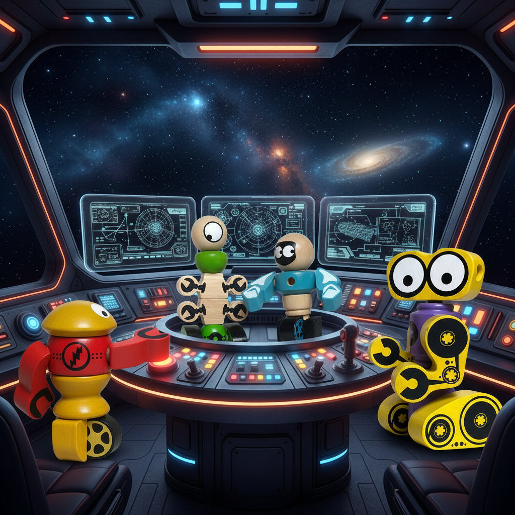 Colorful toy robots on a white background