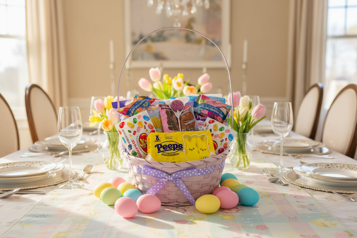 Easter basket filled with various candy packages on a wooden floor.