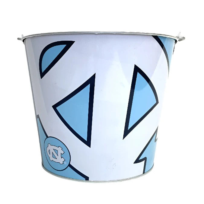 Metal bucket with blue and black geometric design on a white background
