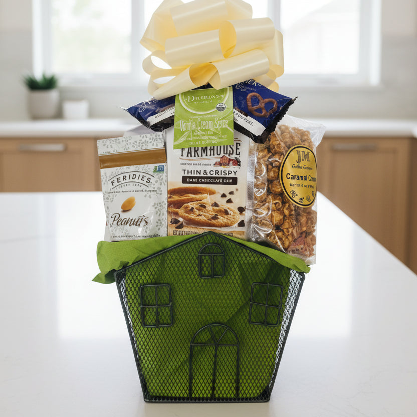 Gift basket with snacks and a house-shaped container on a wooden surface.