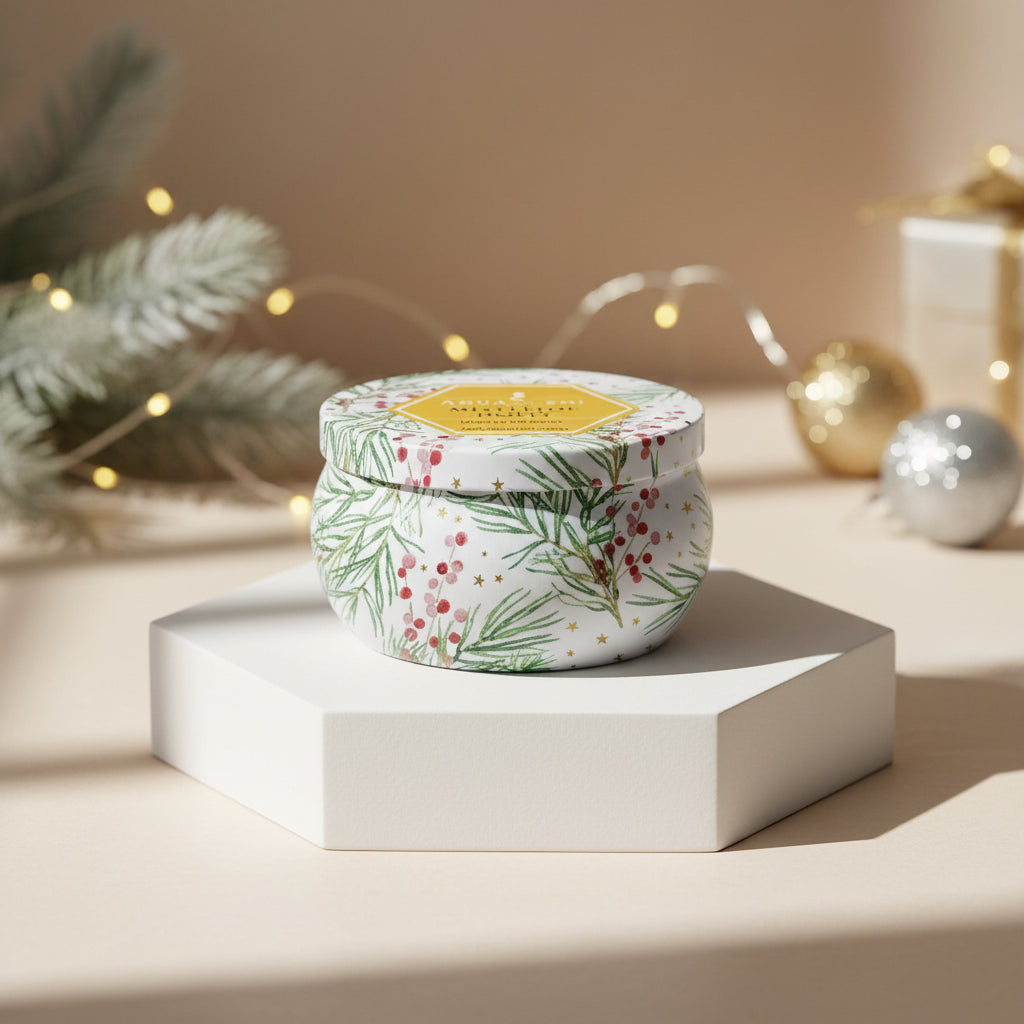 Aqua & Co Mistletoe Holly candle in a decorative tin with floral design.
