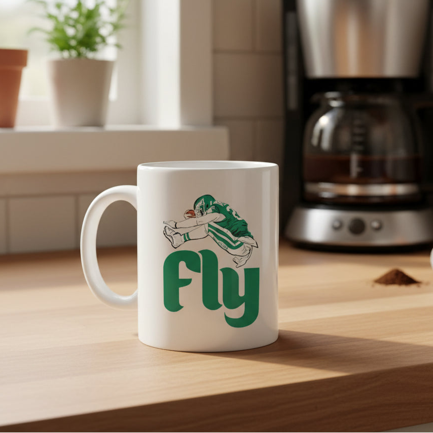 White mug with a graphic of a person in a green outfit and the word 'FLY' on a white background