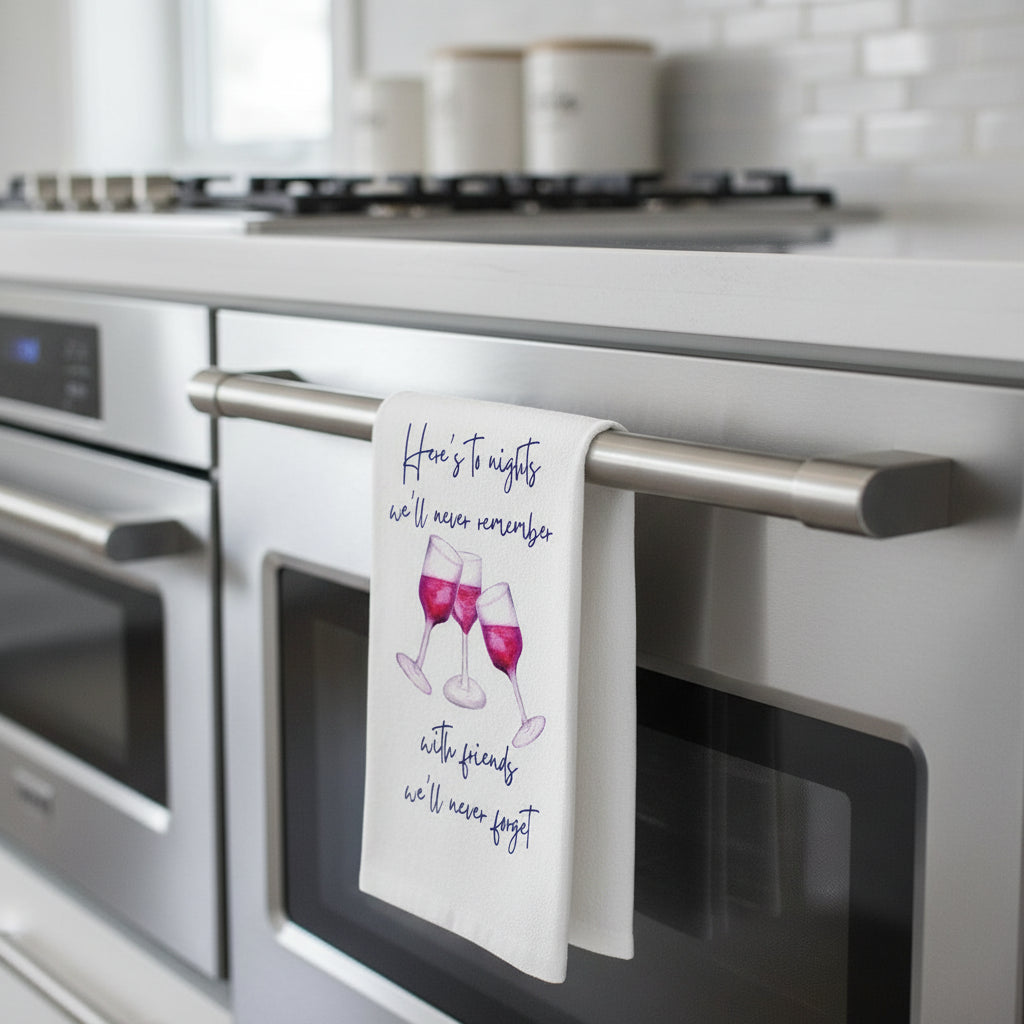 Tea towel with wine glass design and text on a white background