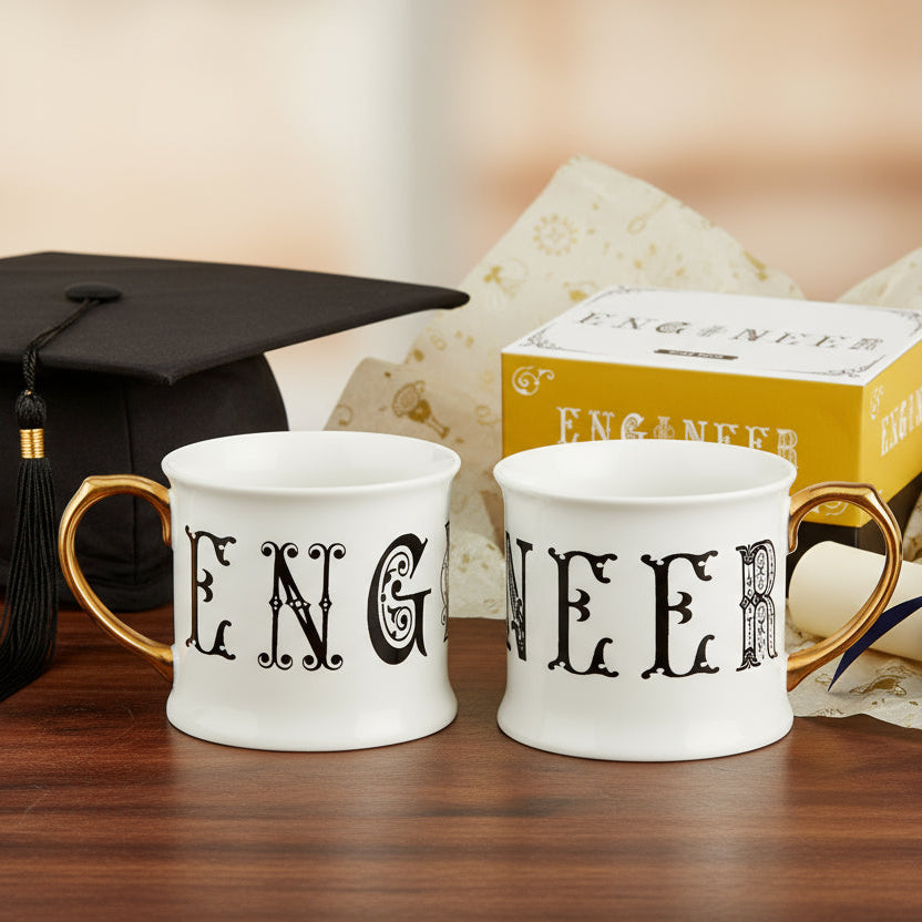 Two white mugs with 'ENGINEER' text and gold handles, displayed in front of a matching box.
