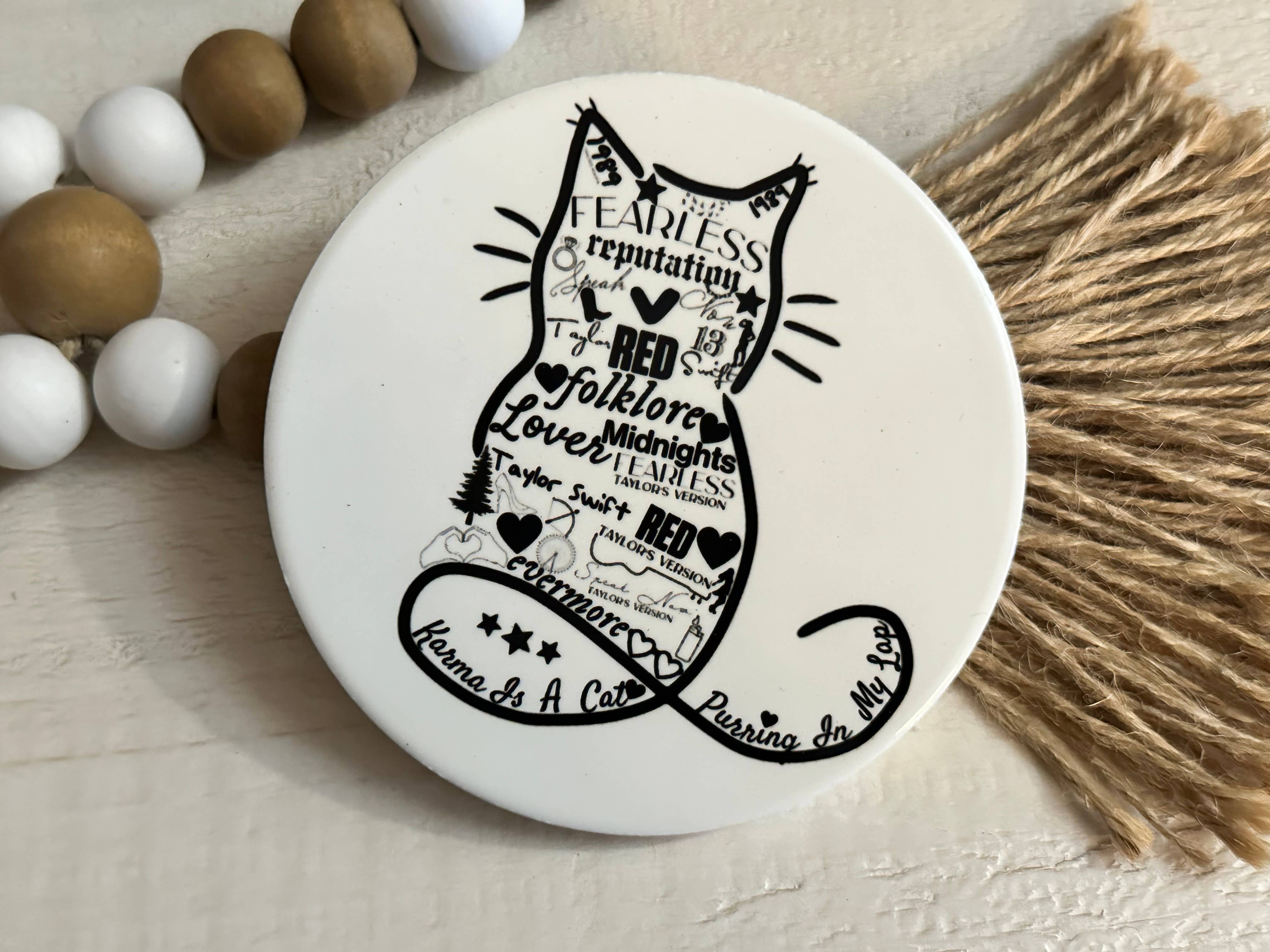 Dogwood Graphics & Design - Taylor Swift Karma is a Cat Eras Ceramic Coaster