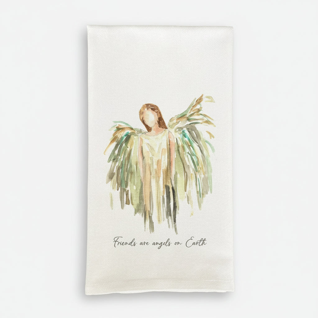 Towel with angel illustration and text 'Friends are angels on Earth' on a white background