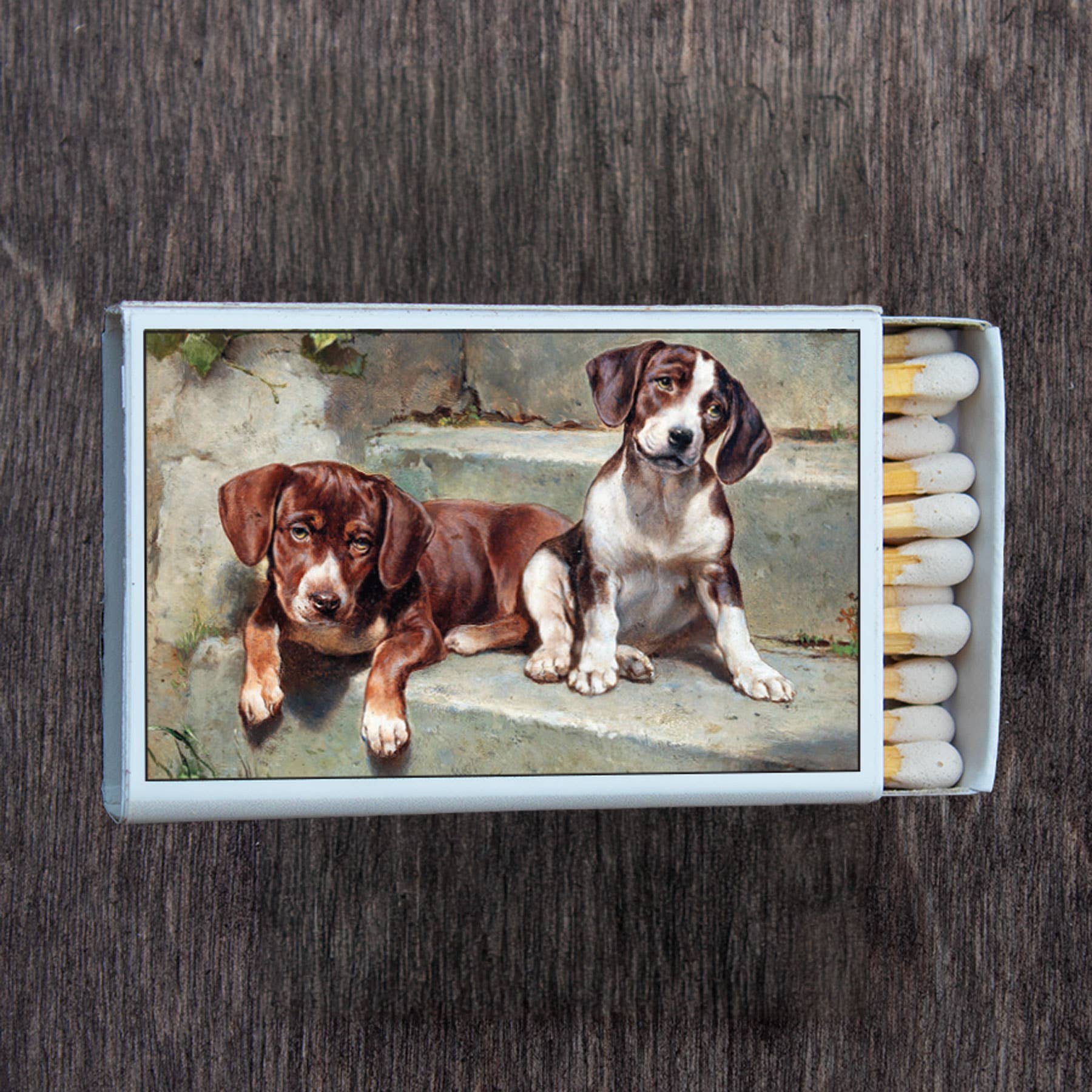 Adorable Puppies on Staircase Matchbox - Premium Candle & Incense Matches