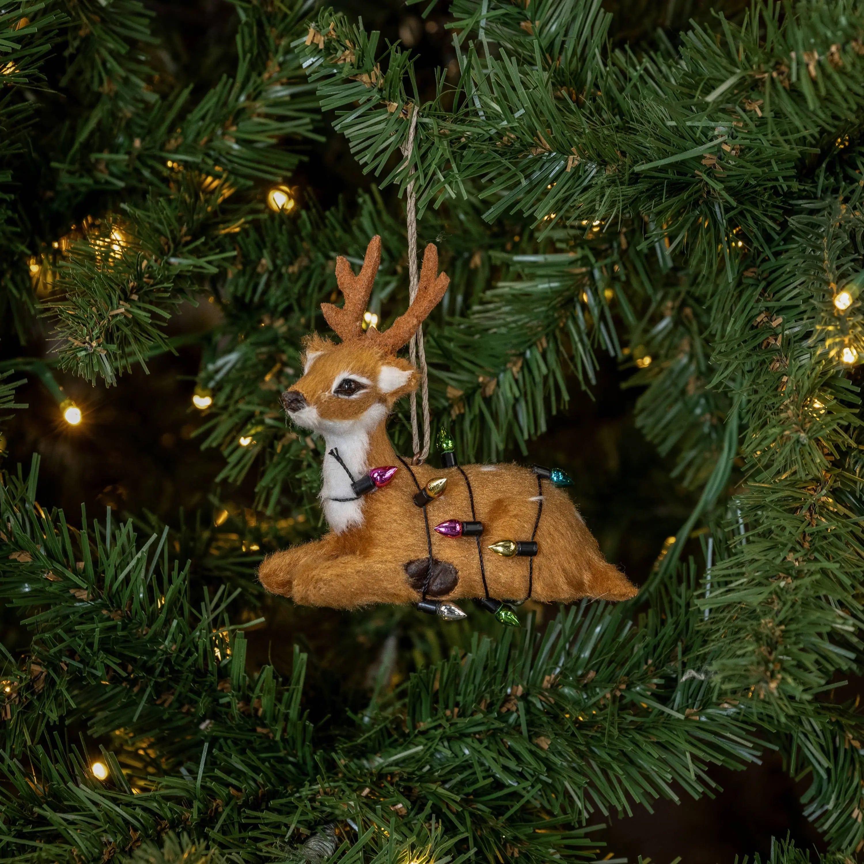 Resting Festive Fur Deer Ornament - 3.5