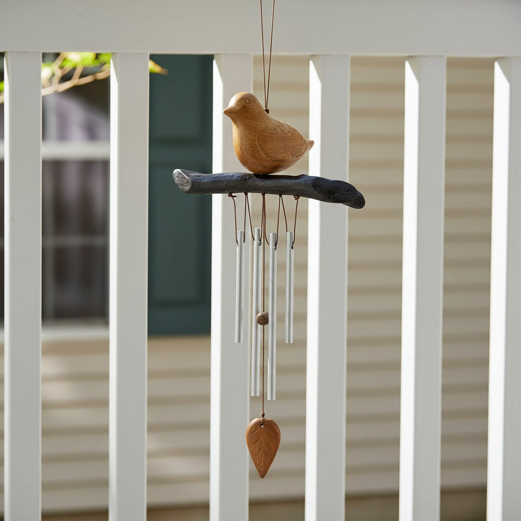 Wooden bird and chime on a white background