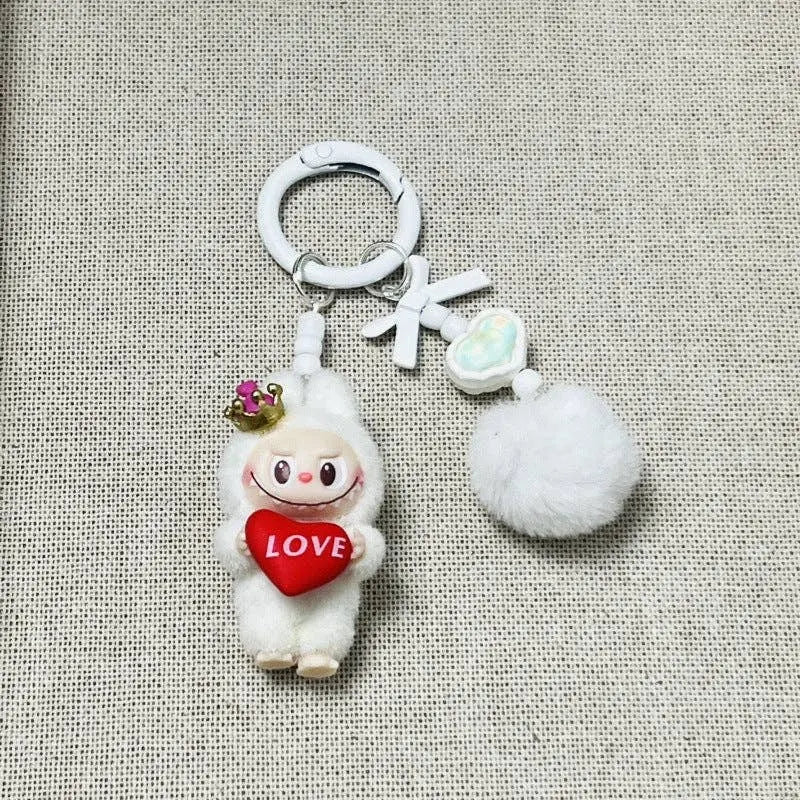 Labubu Love Heart Flocked Monster Keychain Bag Charm