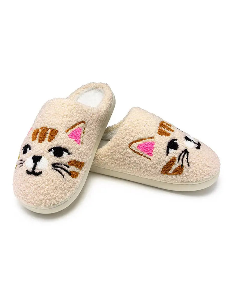 Kitty Cat Face Slippers - Indoor Outdoor Non-Slip - Off-White - Living Royal