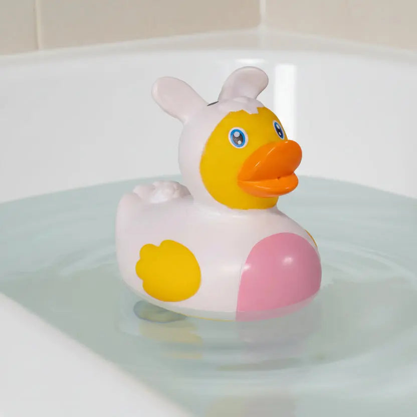 Colorful rubber duck with a rabbit design on a white background