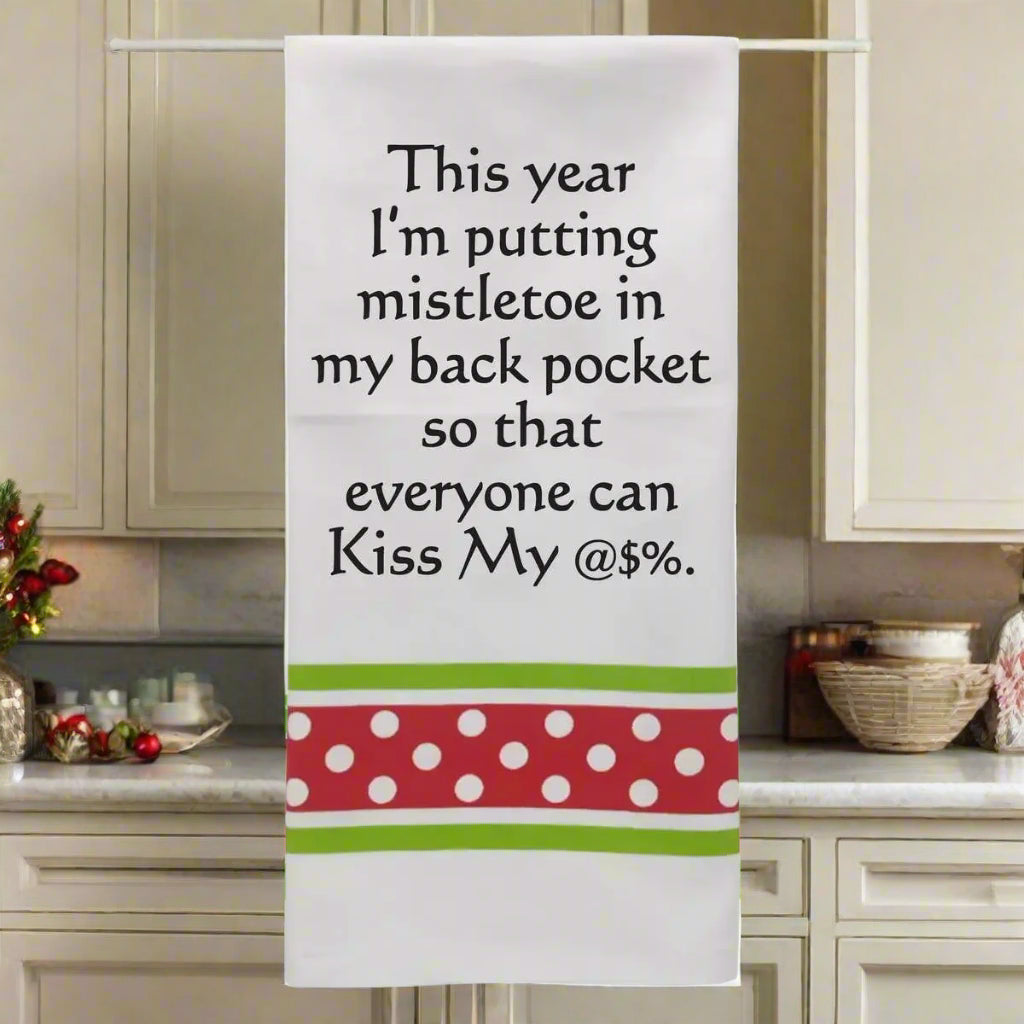 Tea towel with humorous text and red polka dot border