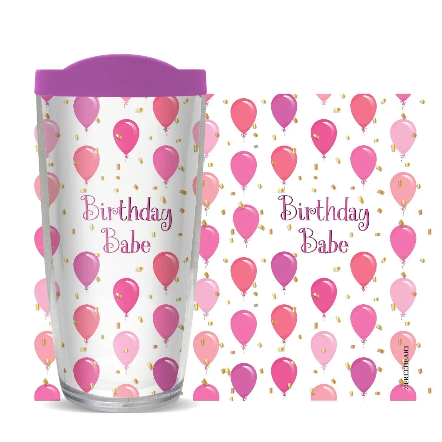 Tumbler with pink balloons and 'Birthday Babe' text on a white background