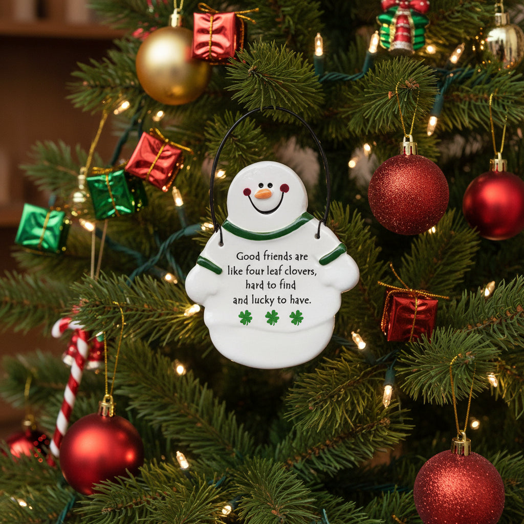 Snowman ornament with a quote on a white background