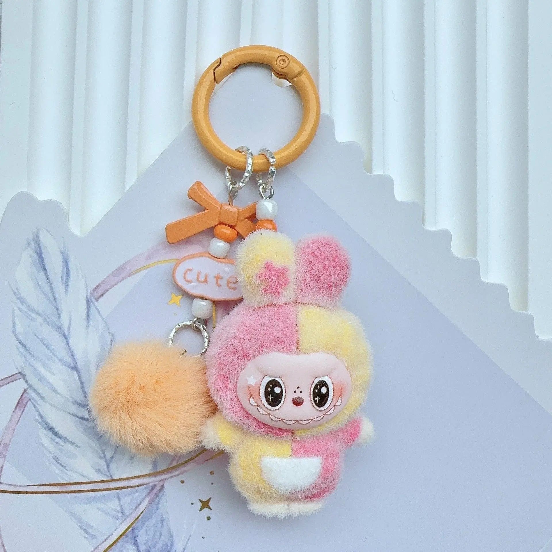 Labubu Flocked Bunny Monster Keychain - Color-Blocked Resin Charm