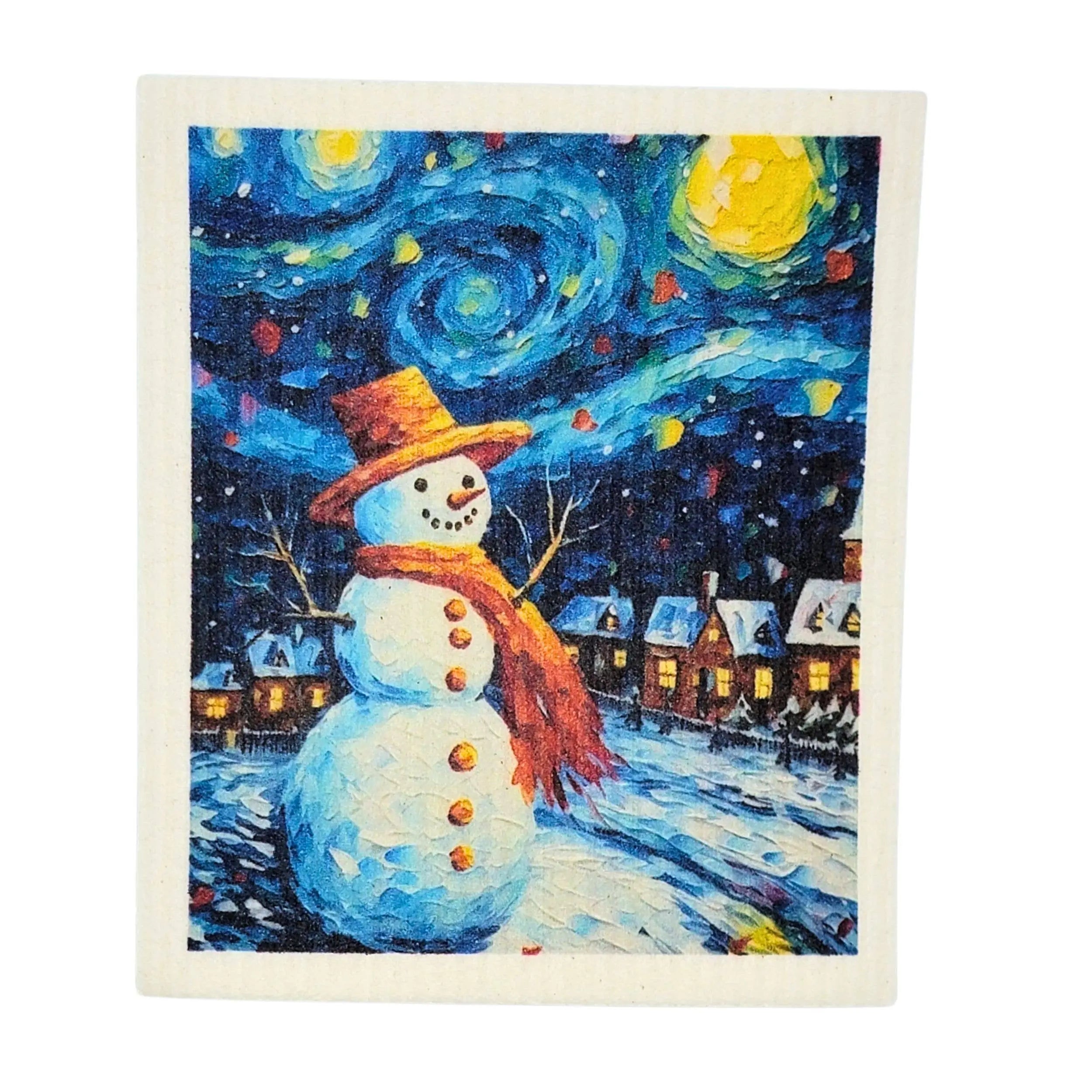 Painting of a snowman with a starry night background