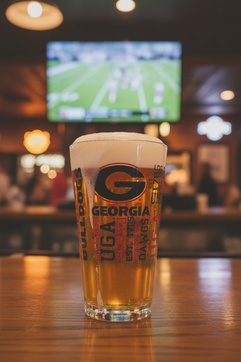 Clear glass with Georgia Bulldogs logo and text on a gray background