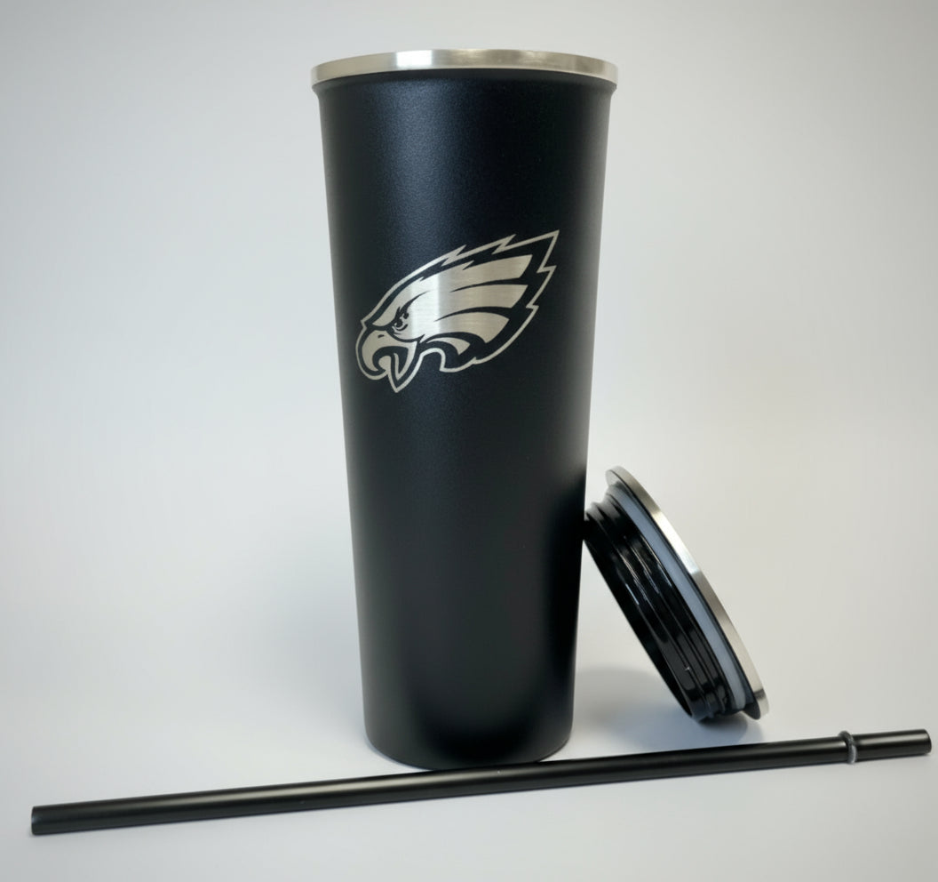 Black tumbler with a logo on a white background