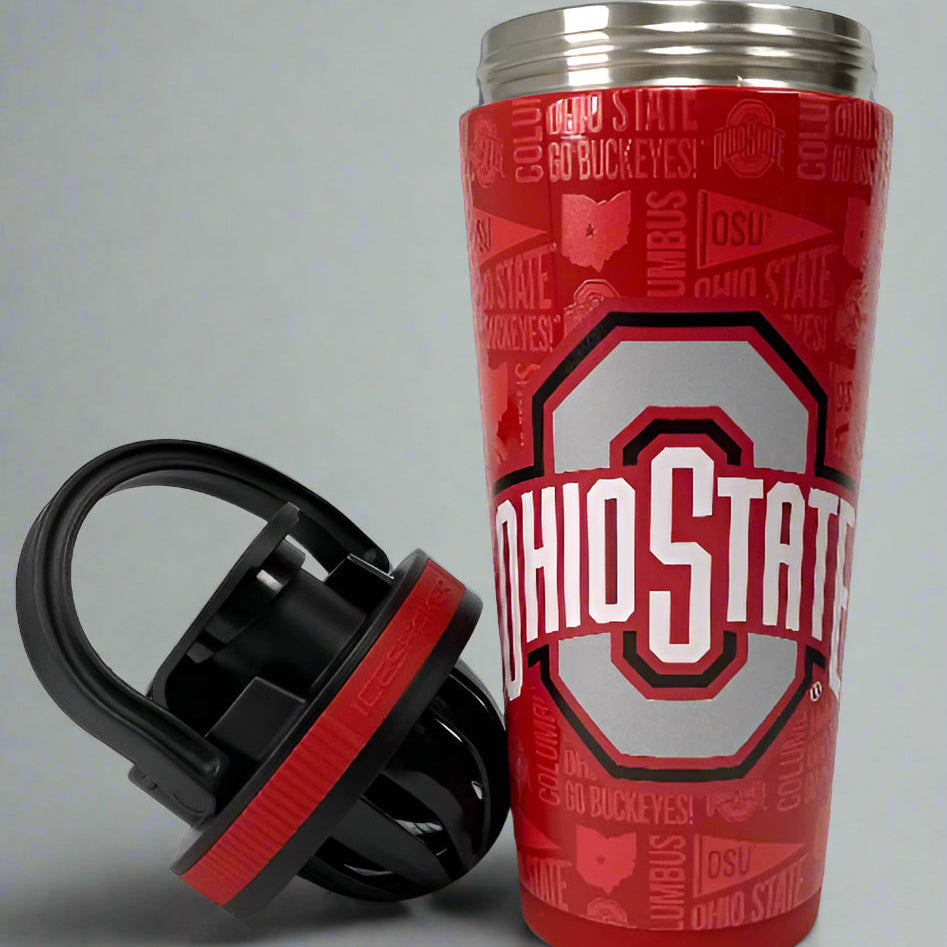 Red Ohio State tumbler with black lid on a gray background