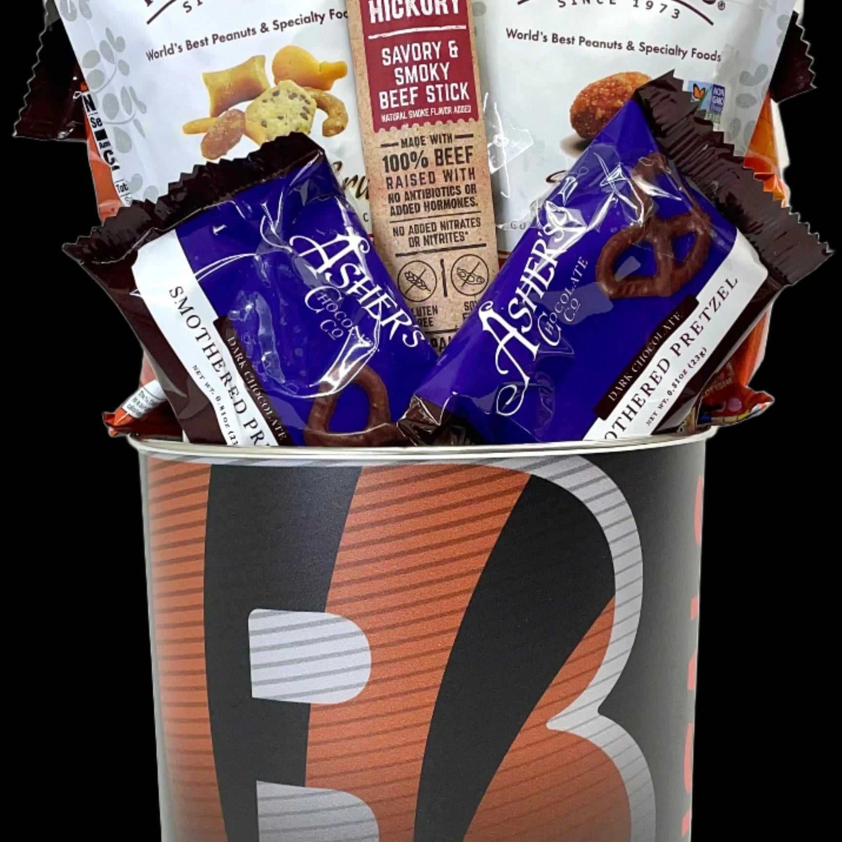 Assorted snack bags in a bucket with 'B Cincinnati' branding