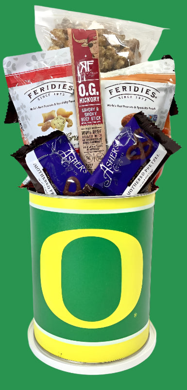 Assorted snacks in a green container with a large yellow 'O' on a green background