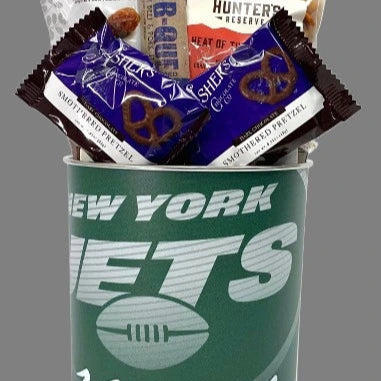 Snack package with New York Jets canister on a gray background