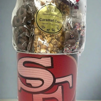 Gourmet popcorn gift set in a red container with 'San Francisco' branding.
