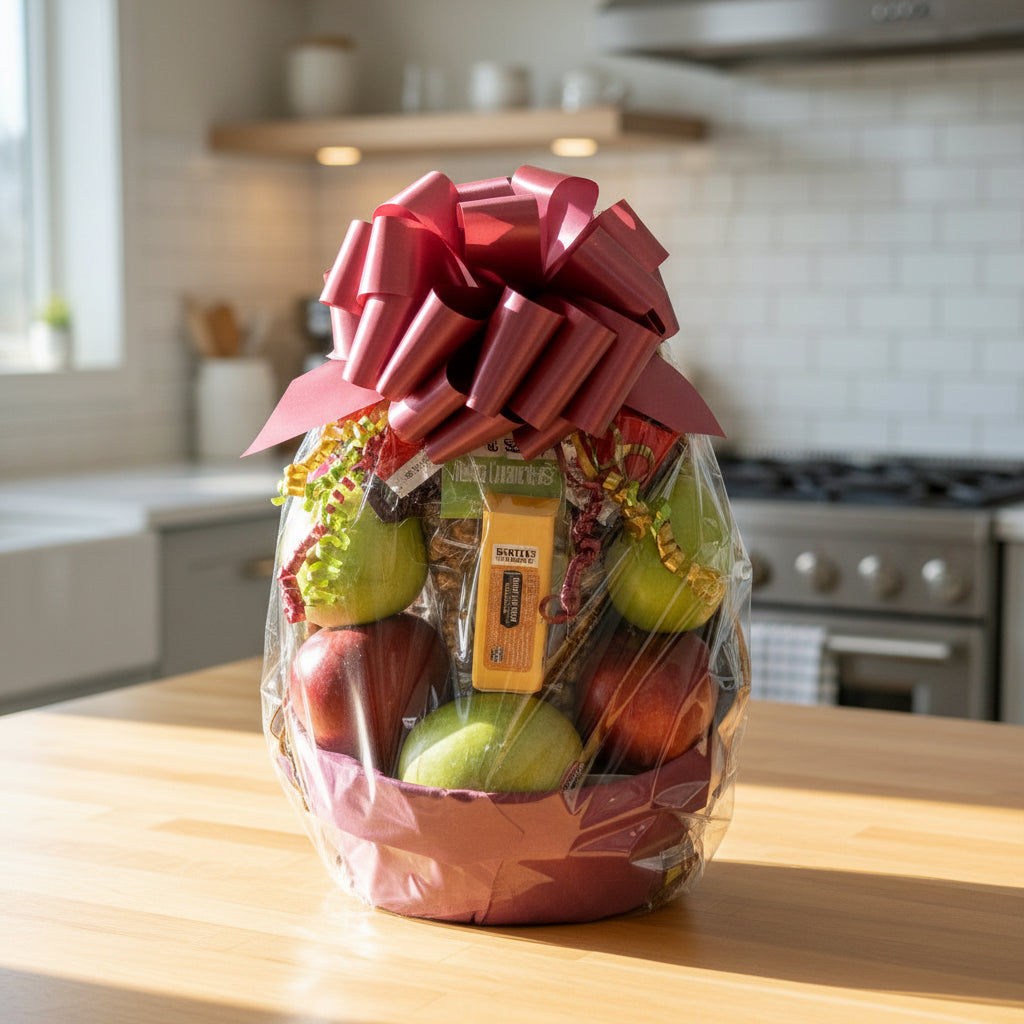 Bouquet of apples with a large pink bow on a gray background
