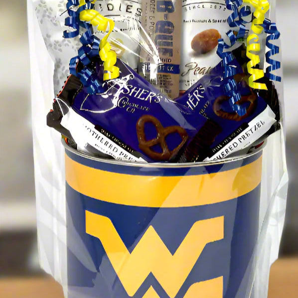 Gift basket with West Virginia University logo on a clear bag with yellow and blue decorations.