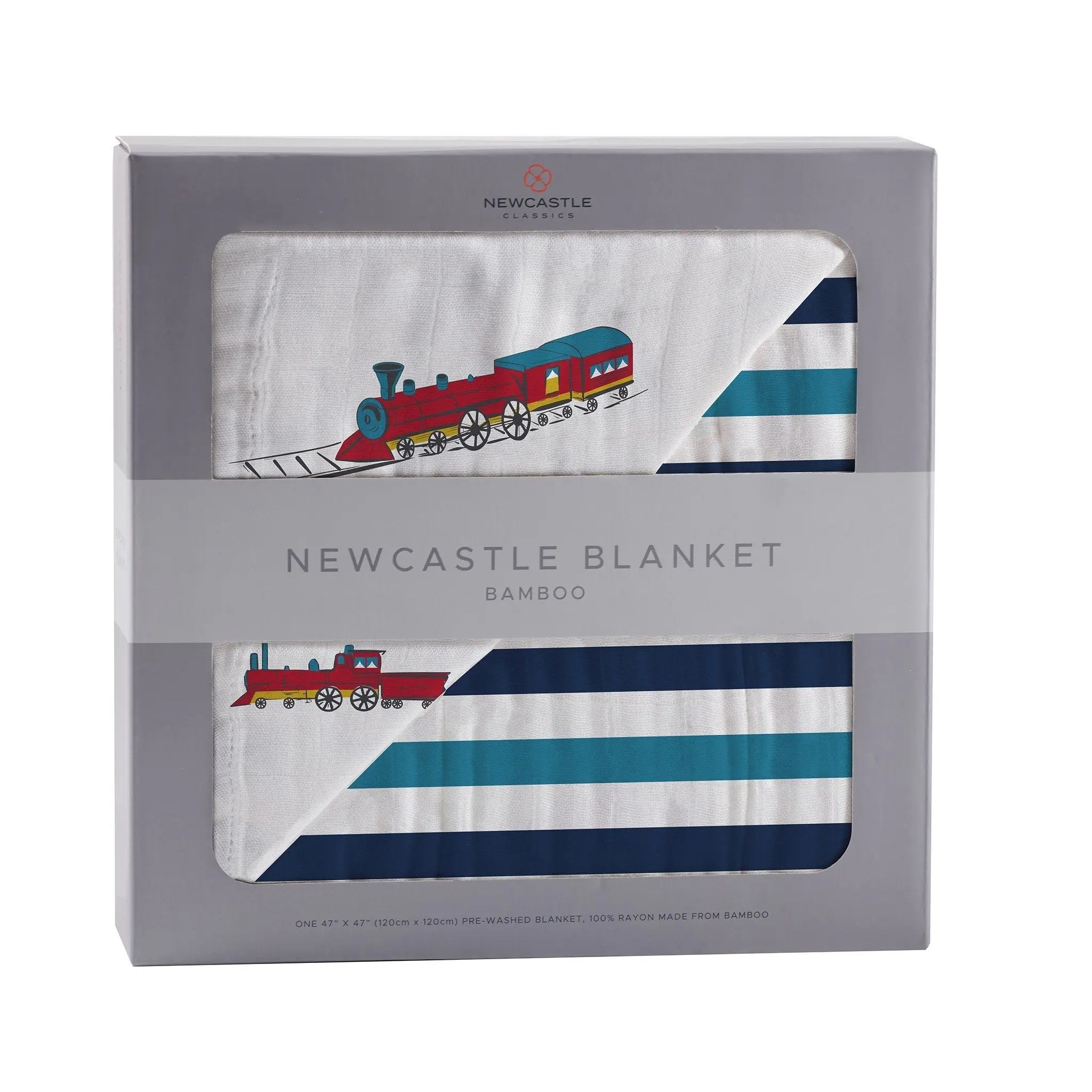 Vintage Steam Trains and Blue Stripe Bamboo Muslin Newcastle Blanket Newcastle Classics