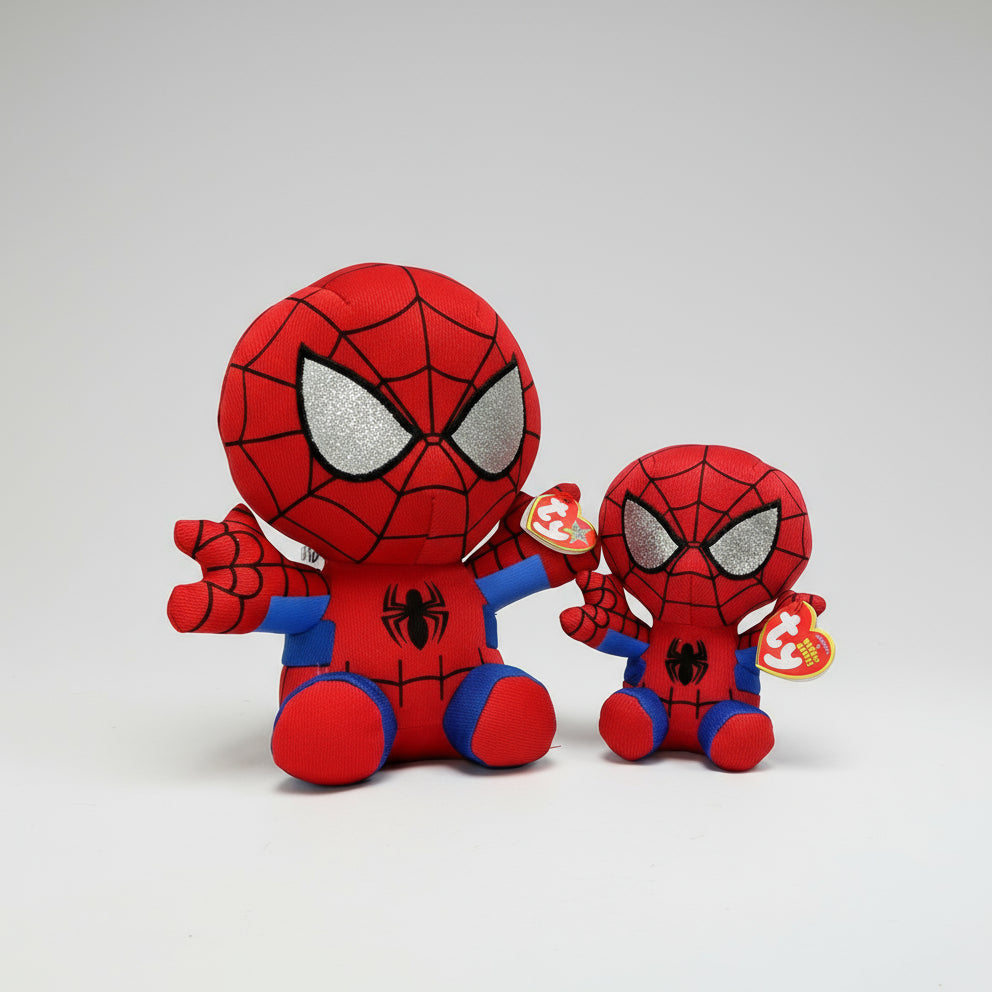 Two Spider-Man plush toys with one holding a smaller version, on a white background
