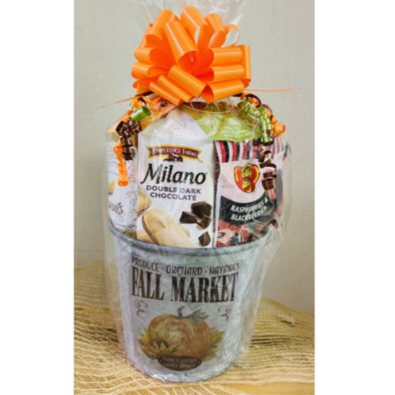Milano Fall Market gift basket with an orange bow on a white background
