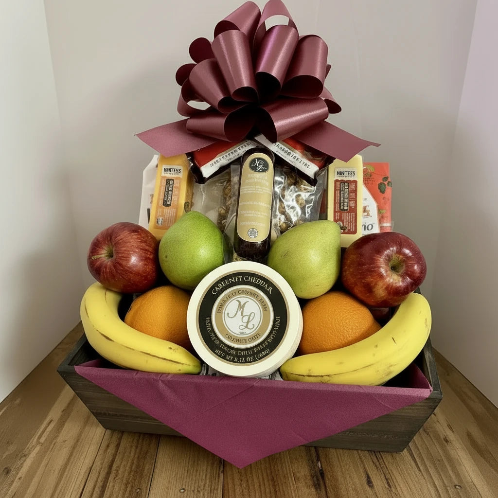 Fruit and cheese gift basket with a large bow on top