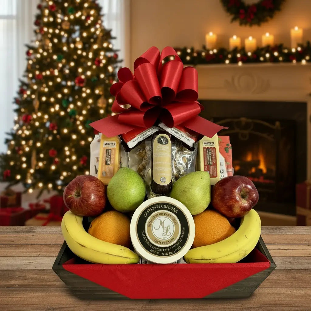 Fruit and cheese gift basket with a large bow on top