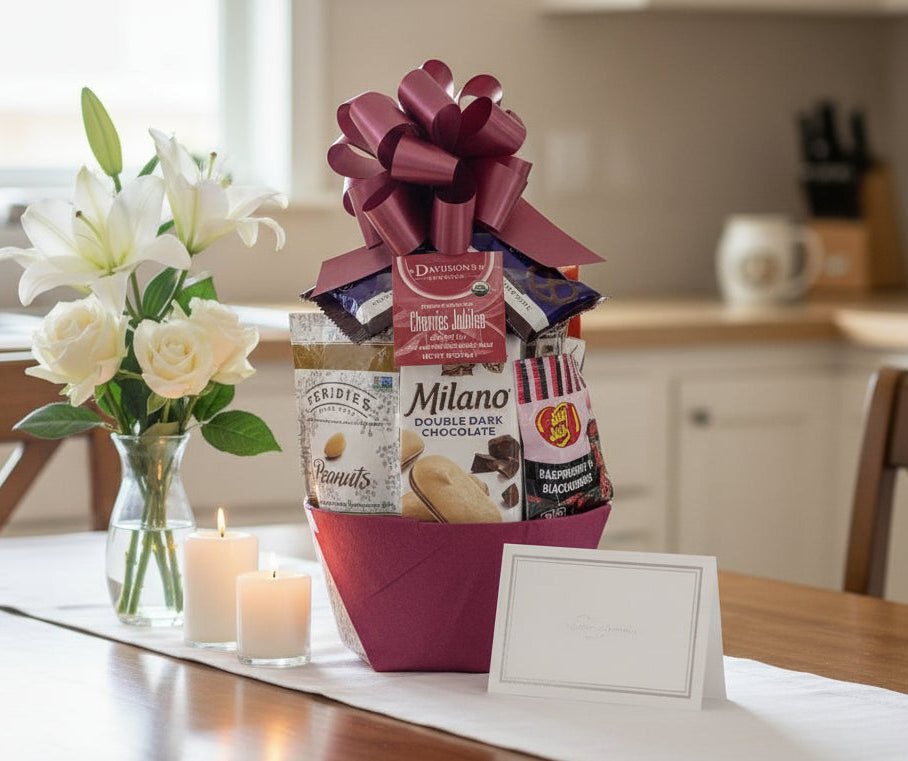 Gift basket with snacks and a large bow on a white background