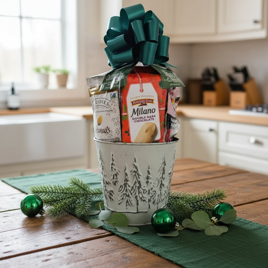 Gift basket with Milano chocolate and other items on a white background