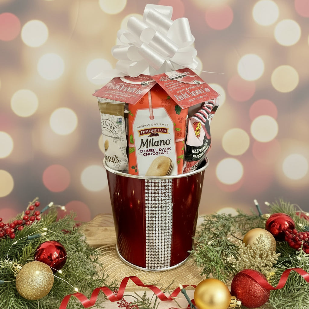 Gift basket with Milano chocolate, Pringles, and other snacks in a decorative container.