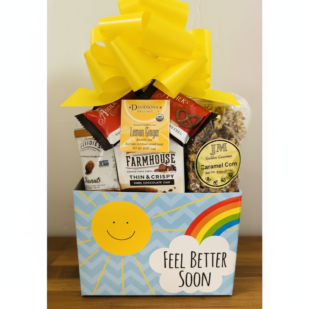 Gift basket with snacks and a 'Feel Better Soon' card on a white background