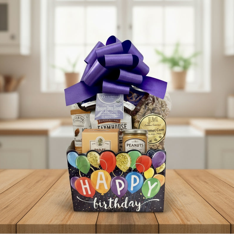 Gift basket with snacks and a purple bow, labeled 'Happy Birthday', on a neutral background.