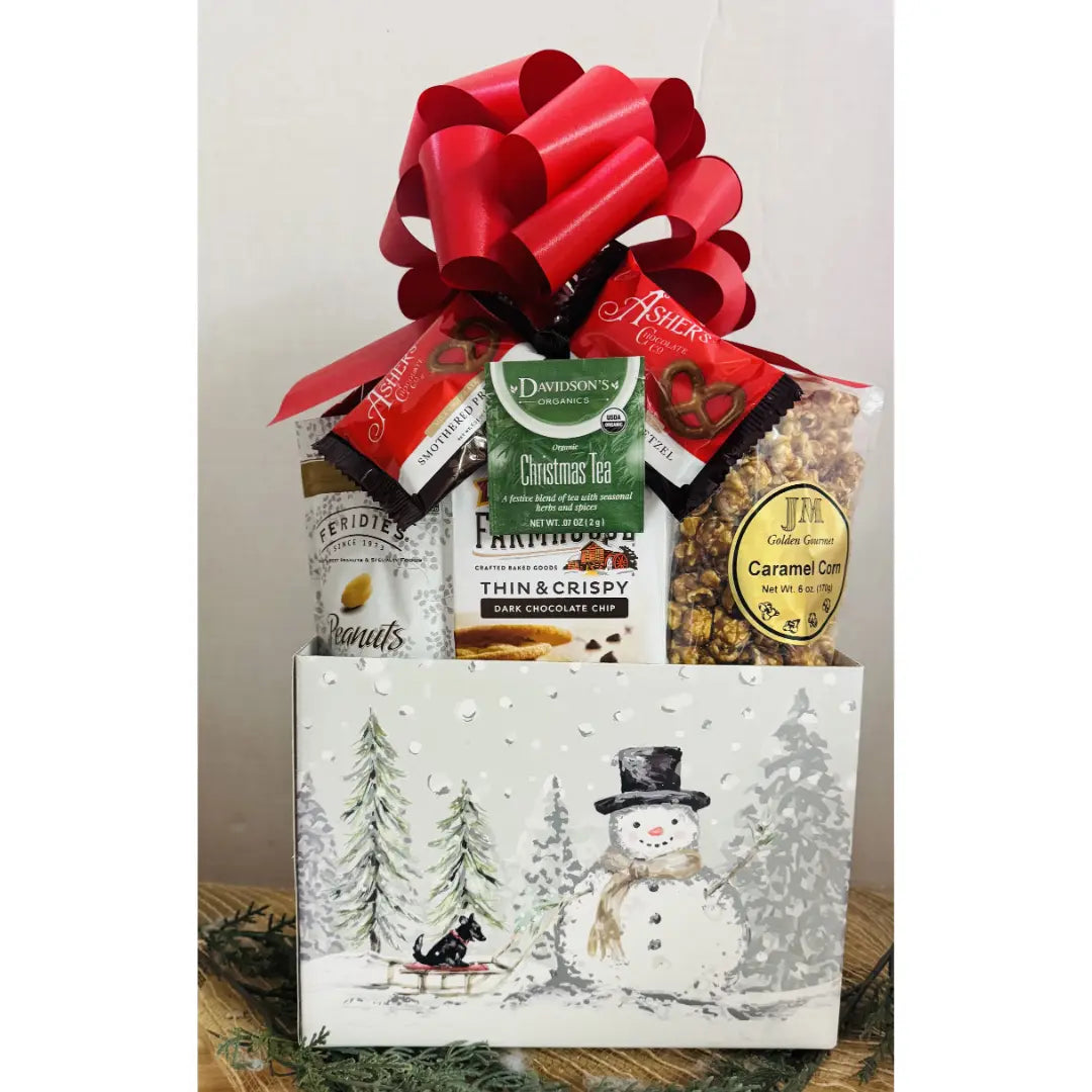 Caja de regalo navideña grande con forma de muñeco de nieve plateado