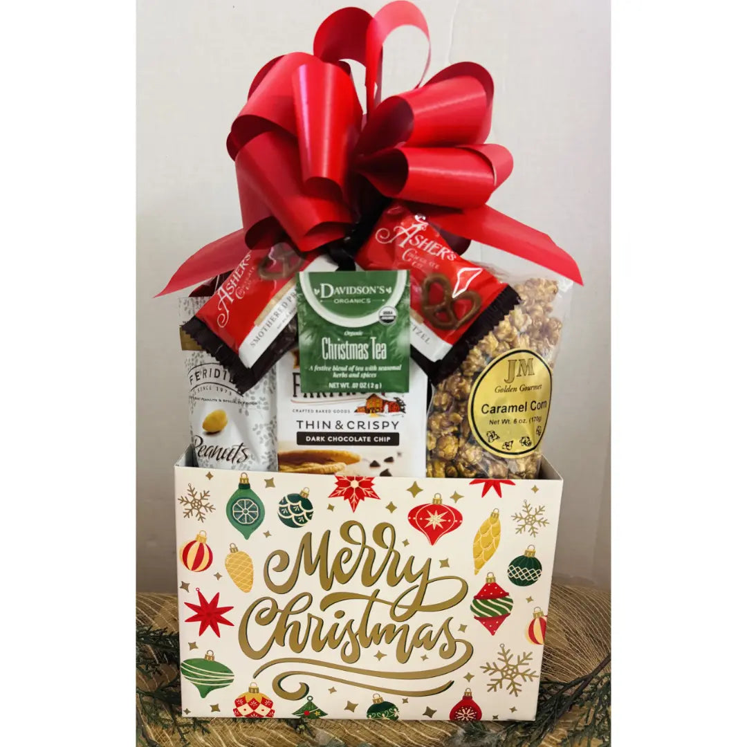 Gift basket with a red bow labeled 'Merry Christmas' on a neutral background